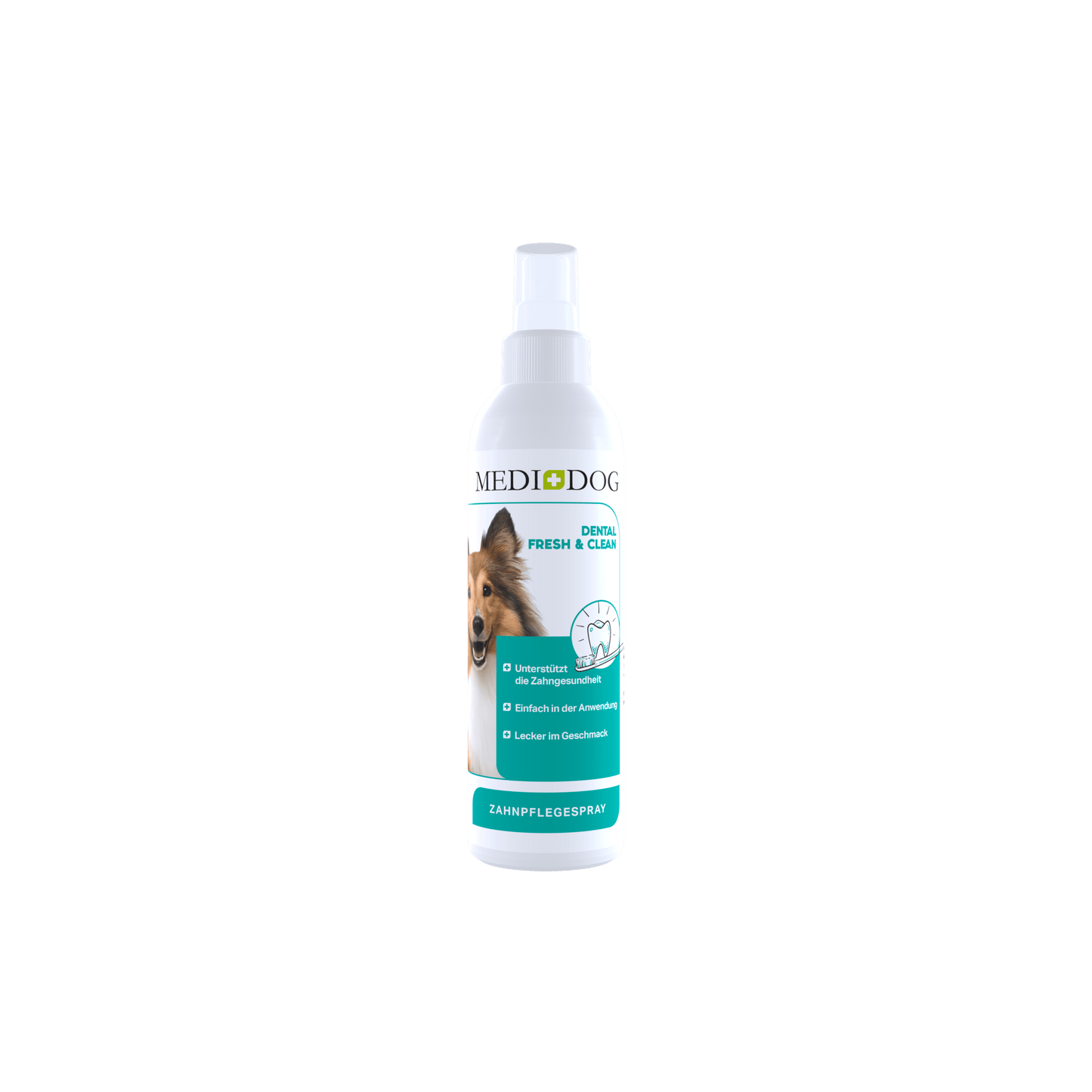 MediDog dental spray bottle on a green background