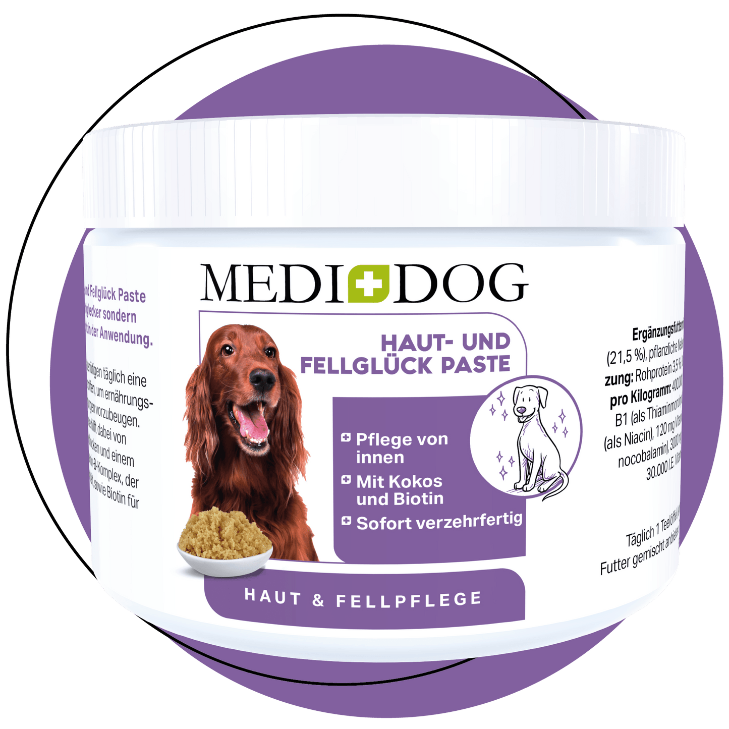 Jar of MediDog skin and coat care paste with a purple label
