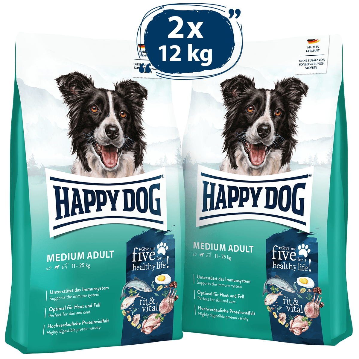 Two packages of Happy Dog dog food for medium adults with a dog on the label.