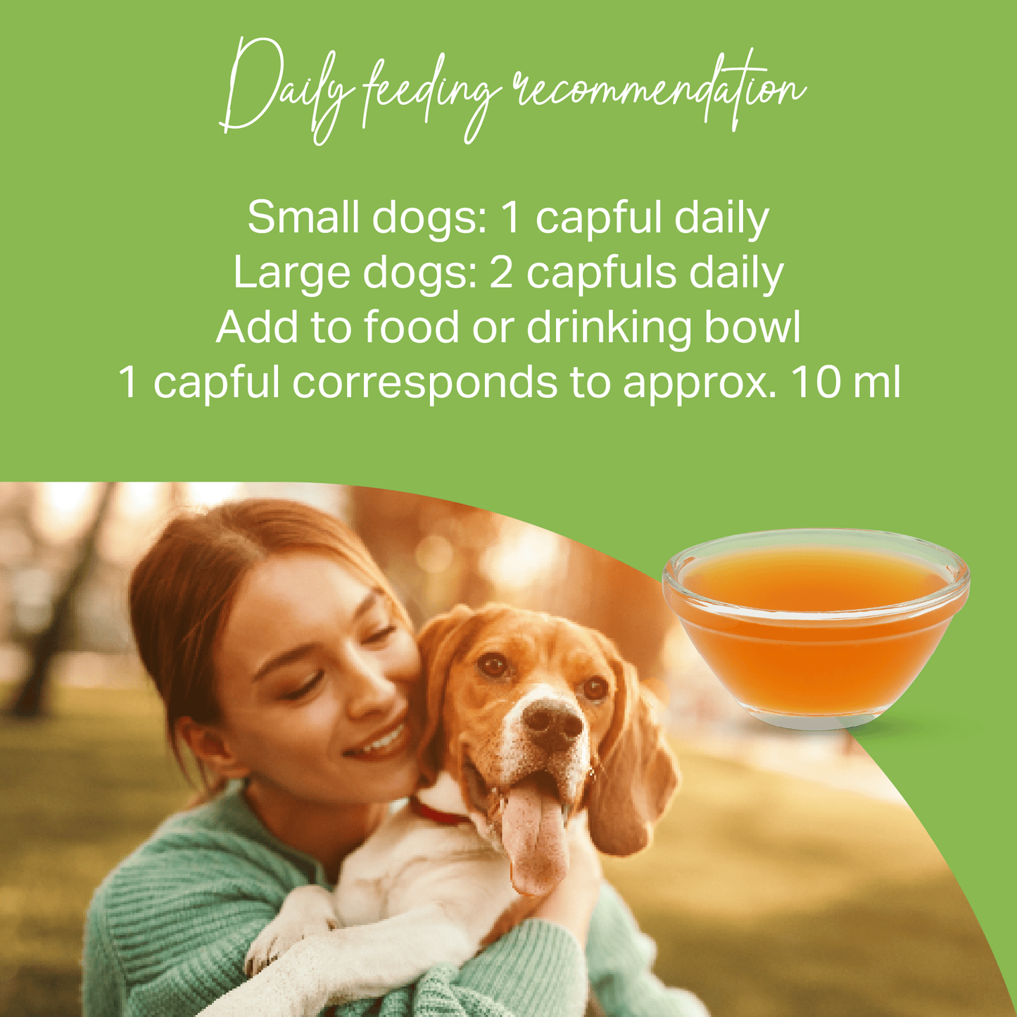 Woman holding a dog with a bowl of liquid and text on a green background for MediDog ProBiotic Drink