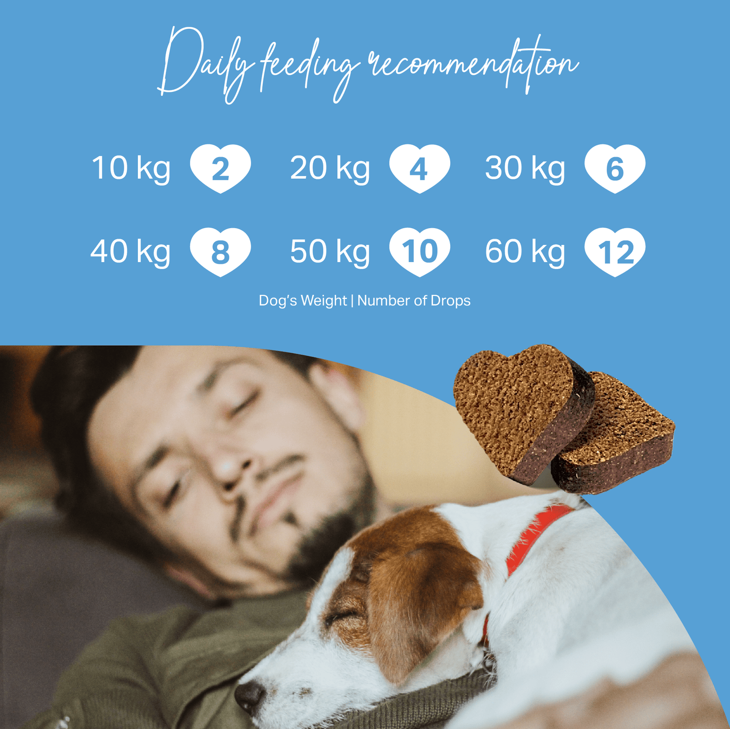 Dog food packaging with daily feeding recommendation chart and a man and dog on a blue background for MediDog Calming Treats