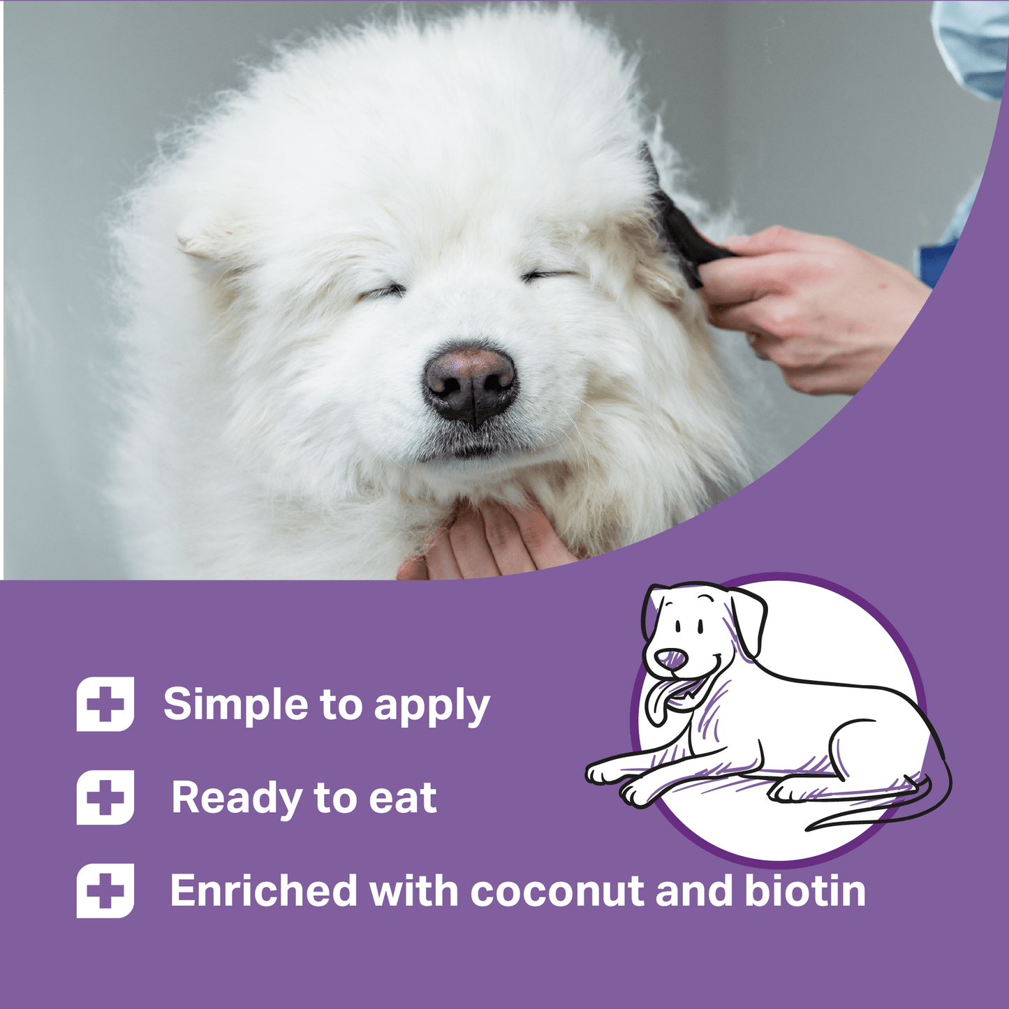 White dog being groomed with a purple banner and text about product features for MediDog skin and coat
