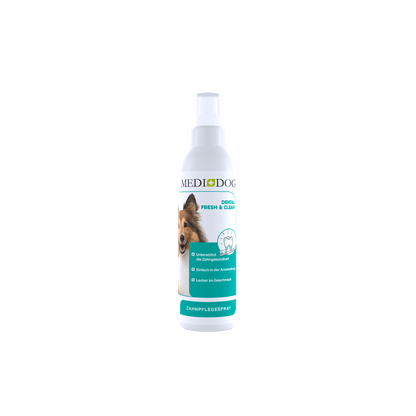 MediDog dental spray bottle on a green background
