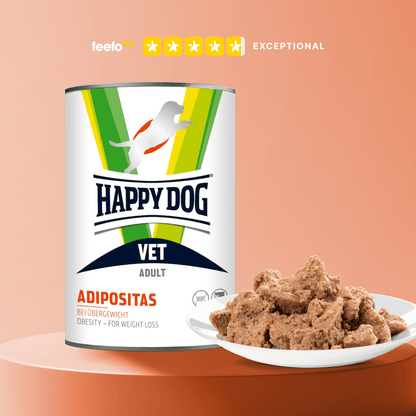 Happy Dog Vet Adipositas dog food can with a scoop of food on a peach background