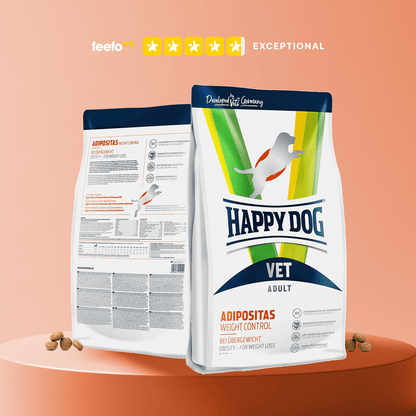 Happy Dog Vet Adult Adipositas weight control dog food packaging on a peach background