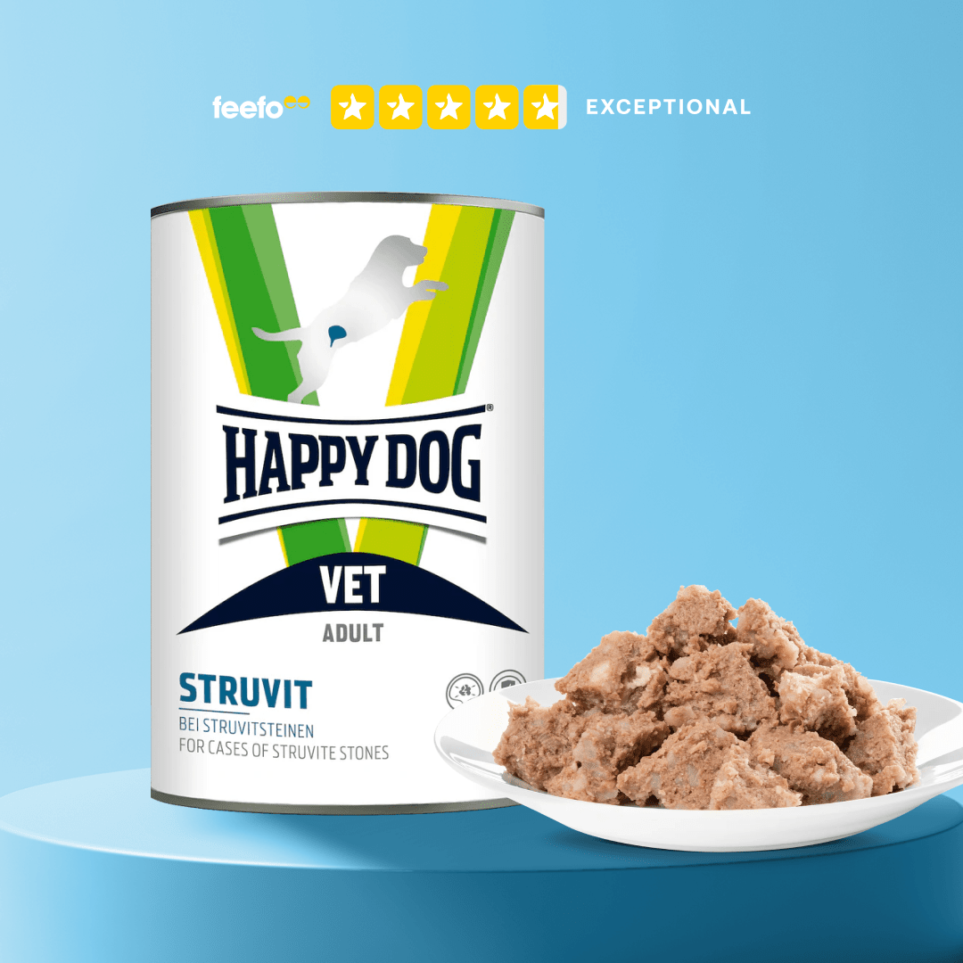 Happy Dog Vet Struvit canned dog food with a bowl of food on a blue background