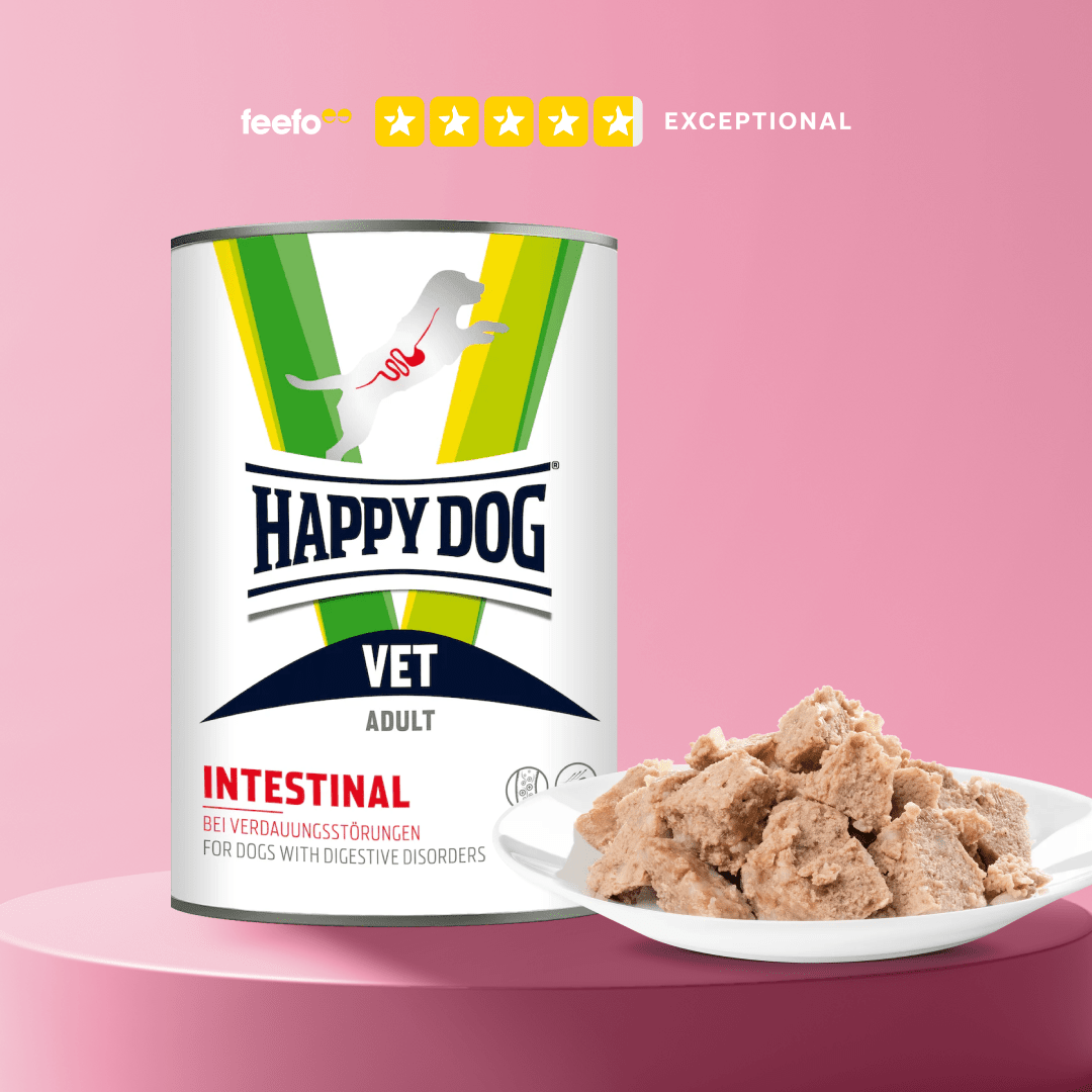 Happy Dog Vet Intestinal dog food can with food on a pink background