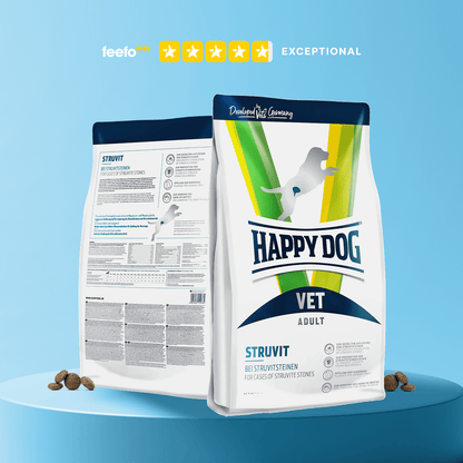 Happy Dog Vet Struvit dog food packaging on a blue background with a five-star rating.