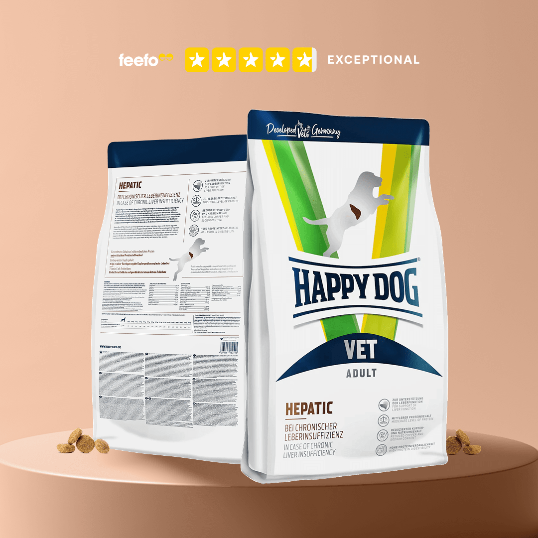Happy Dog Vet Adult Hepatic dog food packaging on a beige background