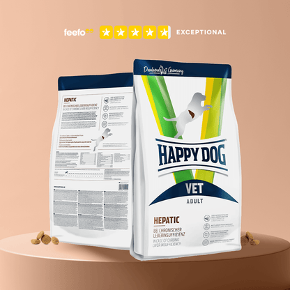 Happy Dog Vet Adult Hepatic dog food packaging on a beige background