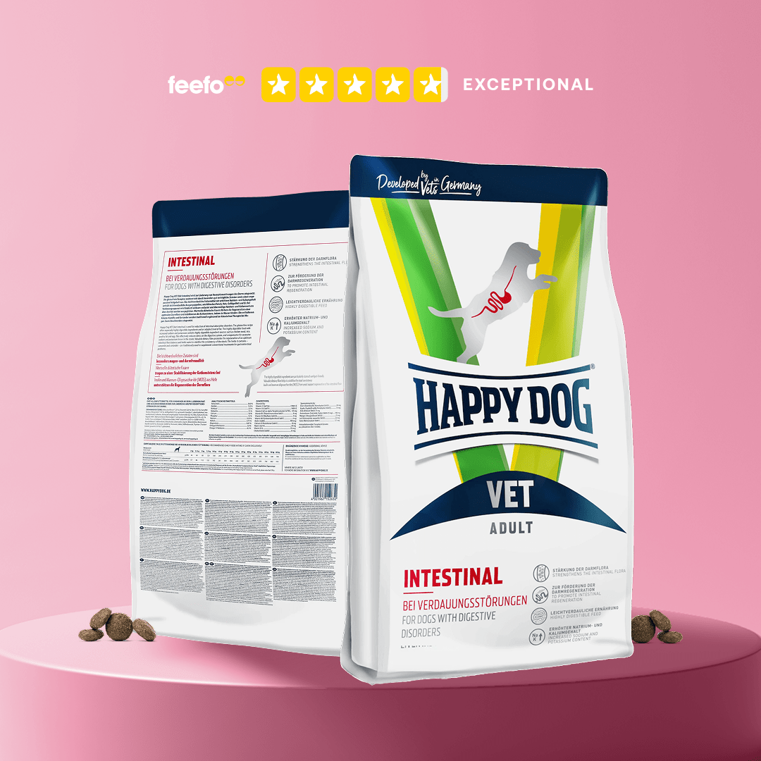Happy Dog Vet Intestinal dog food package on a pink background with a five-star rating.