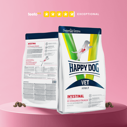 Happy Dog Vet Intestinal dog food package on a pink background with a five-star rating.