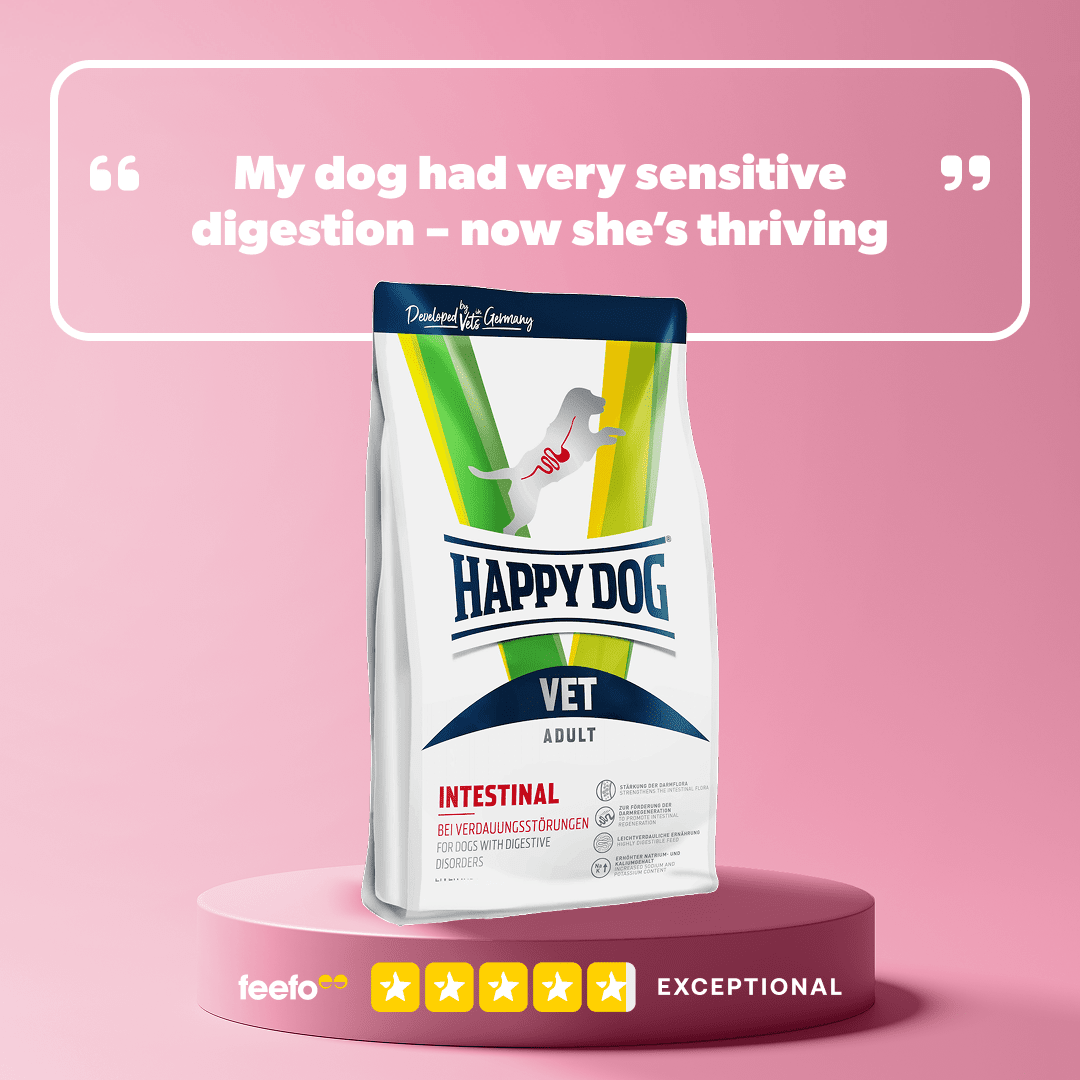 Happy Dog Vet Adult Intestinal dog food package on a pink background with a quote about a dog's improved digestion.