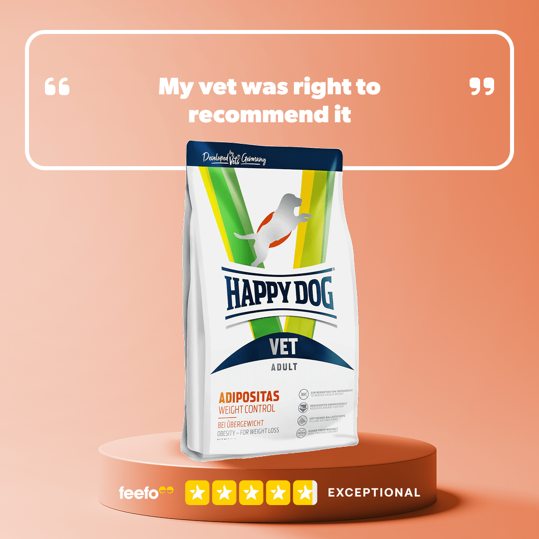 Happy Dog Vet Adipositas weight control dog food package on a peach background with text and rating.
