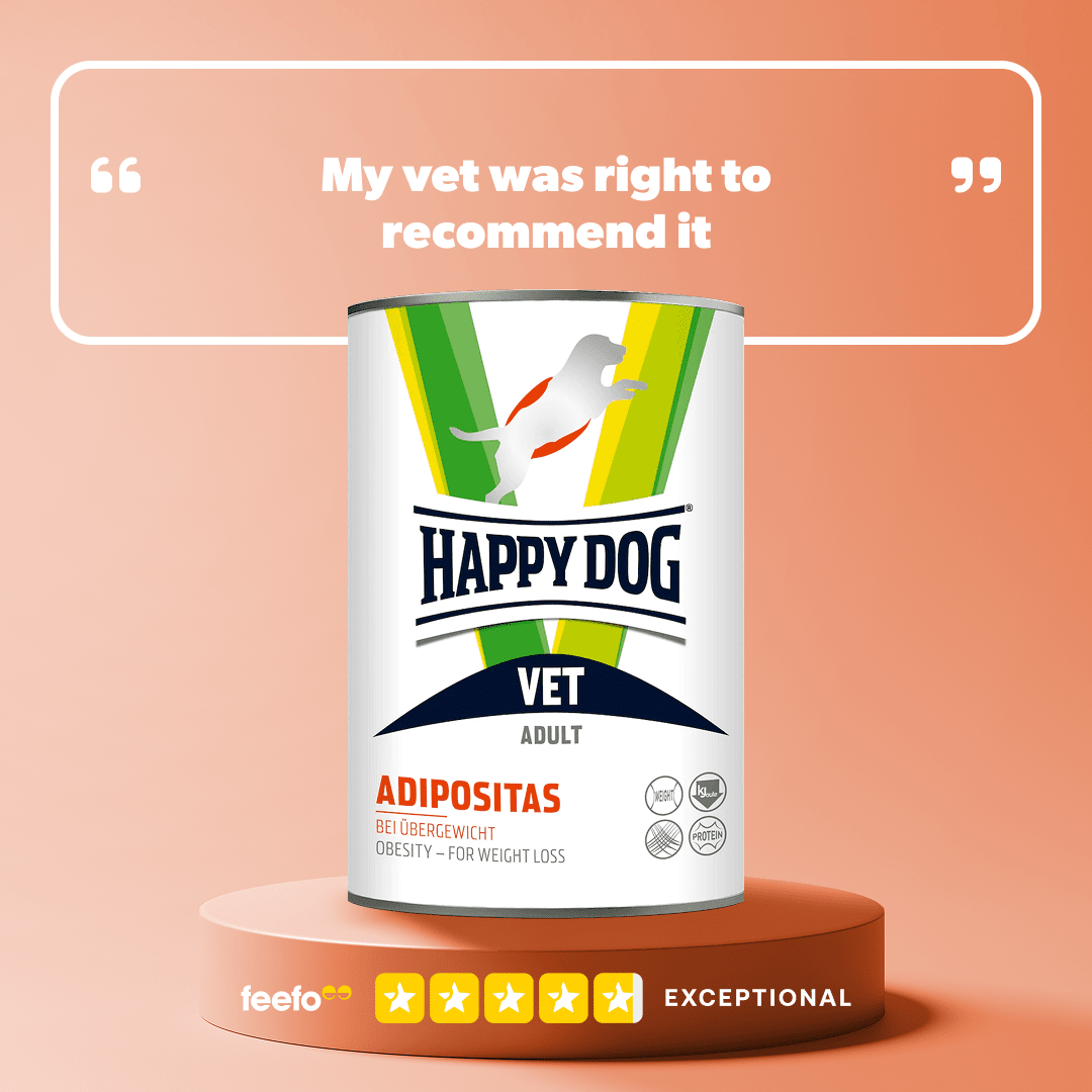 Can of Happy Dog Vet Adipositas on a peach background with text about a vet's recommendation.