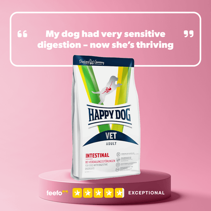 Happy Dog Vet Adult Intestinal dog food package on a pink platform with a quote about a dog's improved digestion.