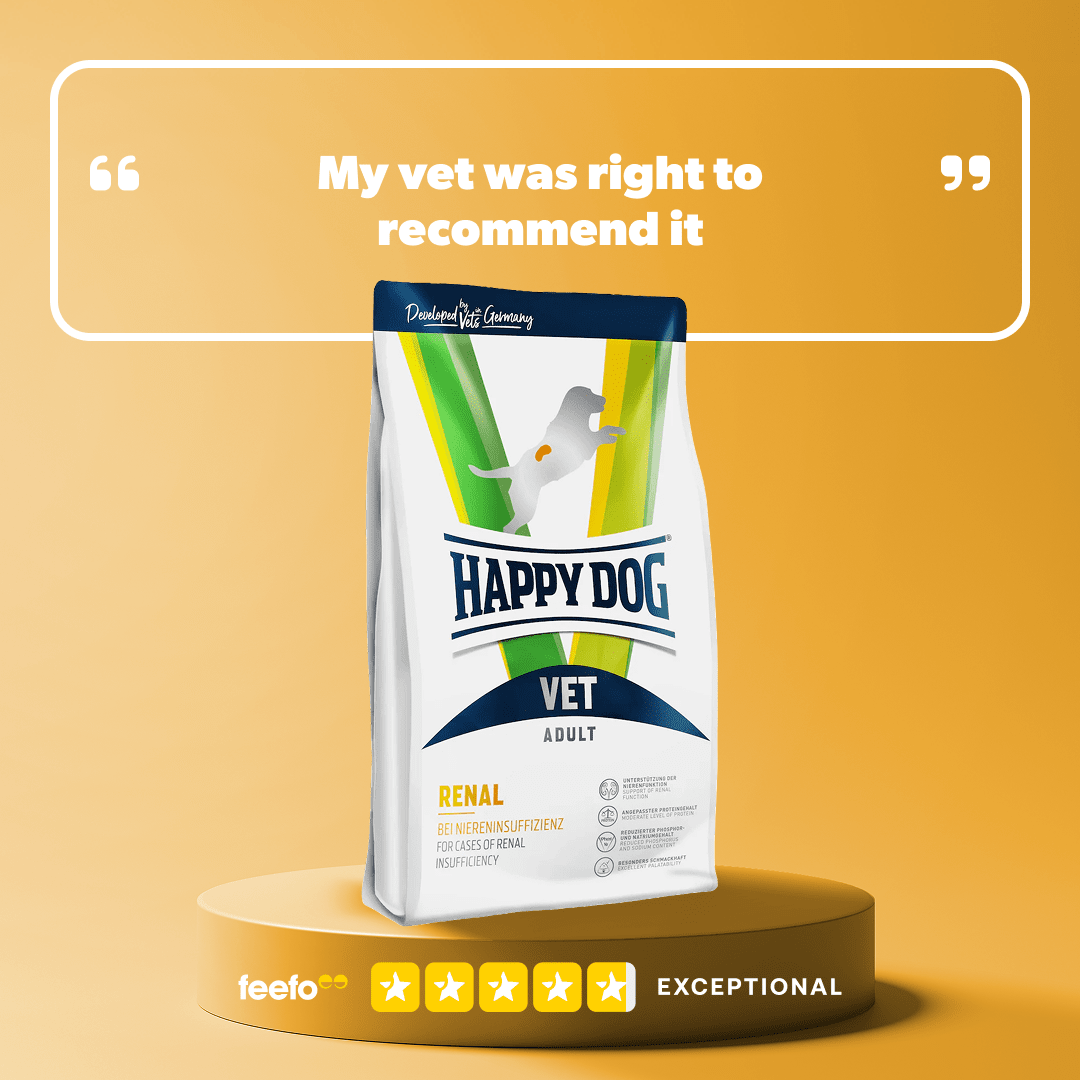 Happy Dog Vet Adult dog food package on a yellow background with text about a vet's recommendation.