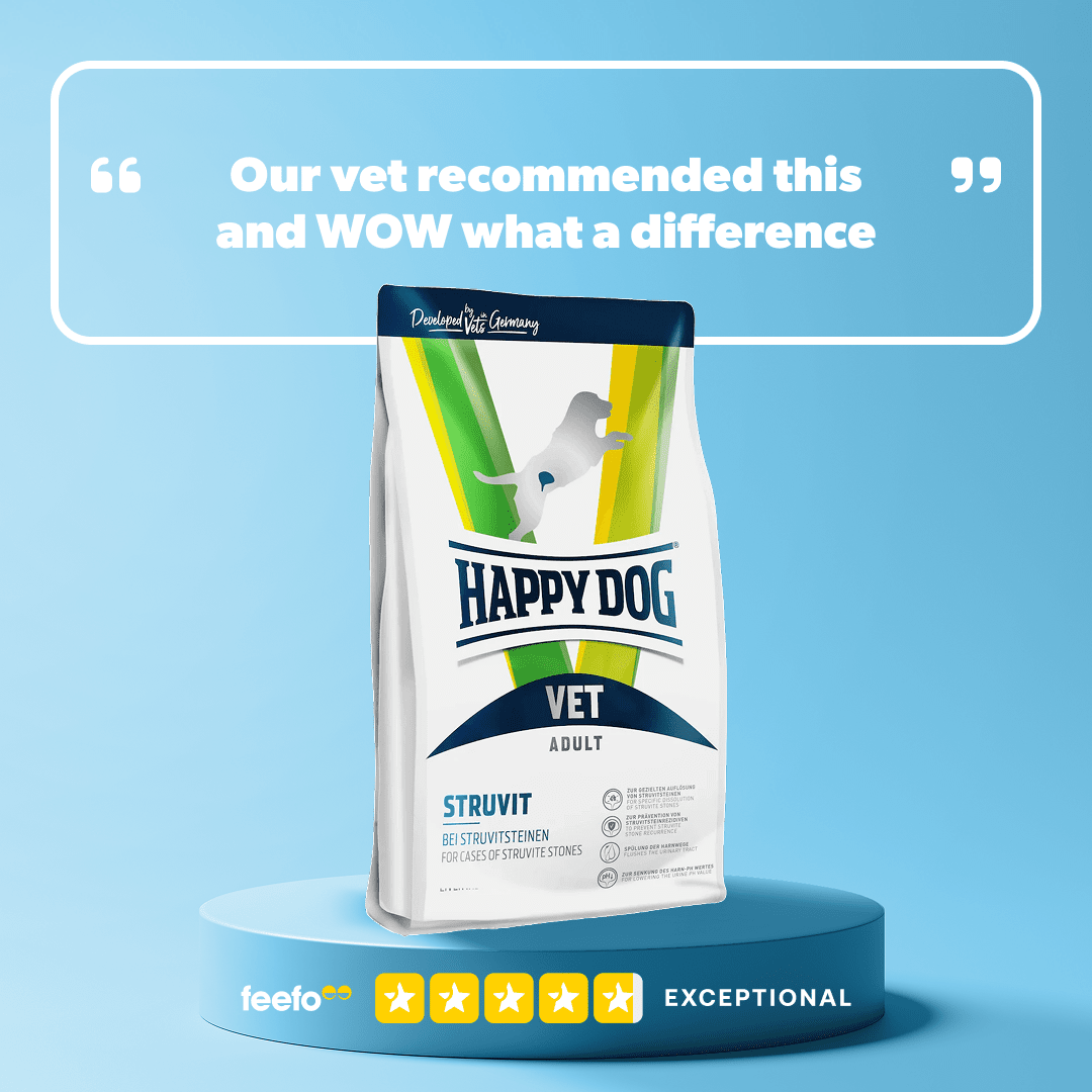 Happy Dog Vet Struvit dog food package on a blue background with a quote and brand rating.