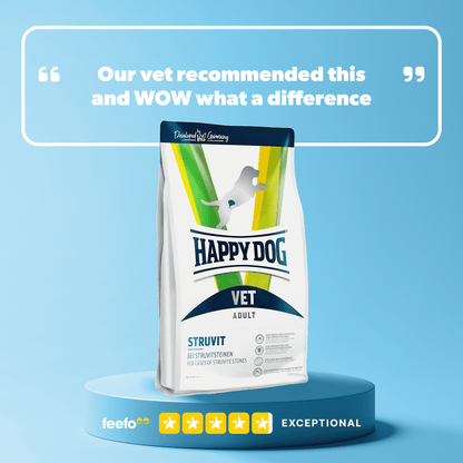 Happy Dog Vet Struvit dog food package on a blue background with a quote and brand rating.