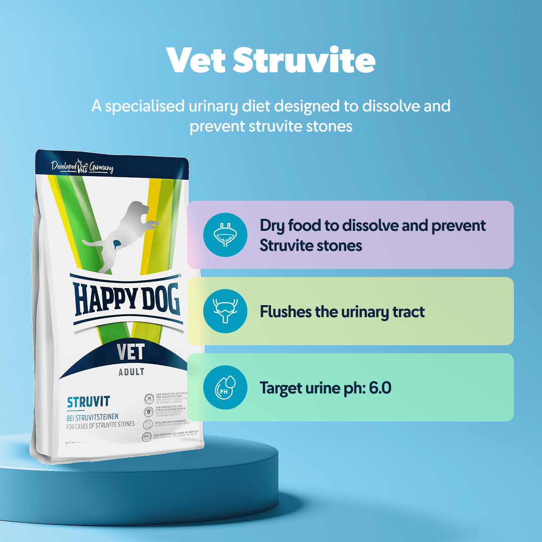 Happy Dog Vet Struvite dry food package on a blue background with text about its benefits.
