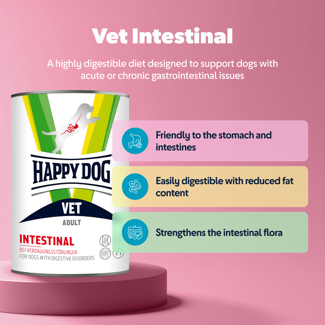 Happy Dog Vet Intestinal dog food can on a pink background with product features listed.