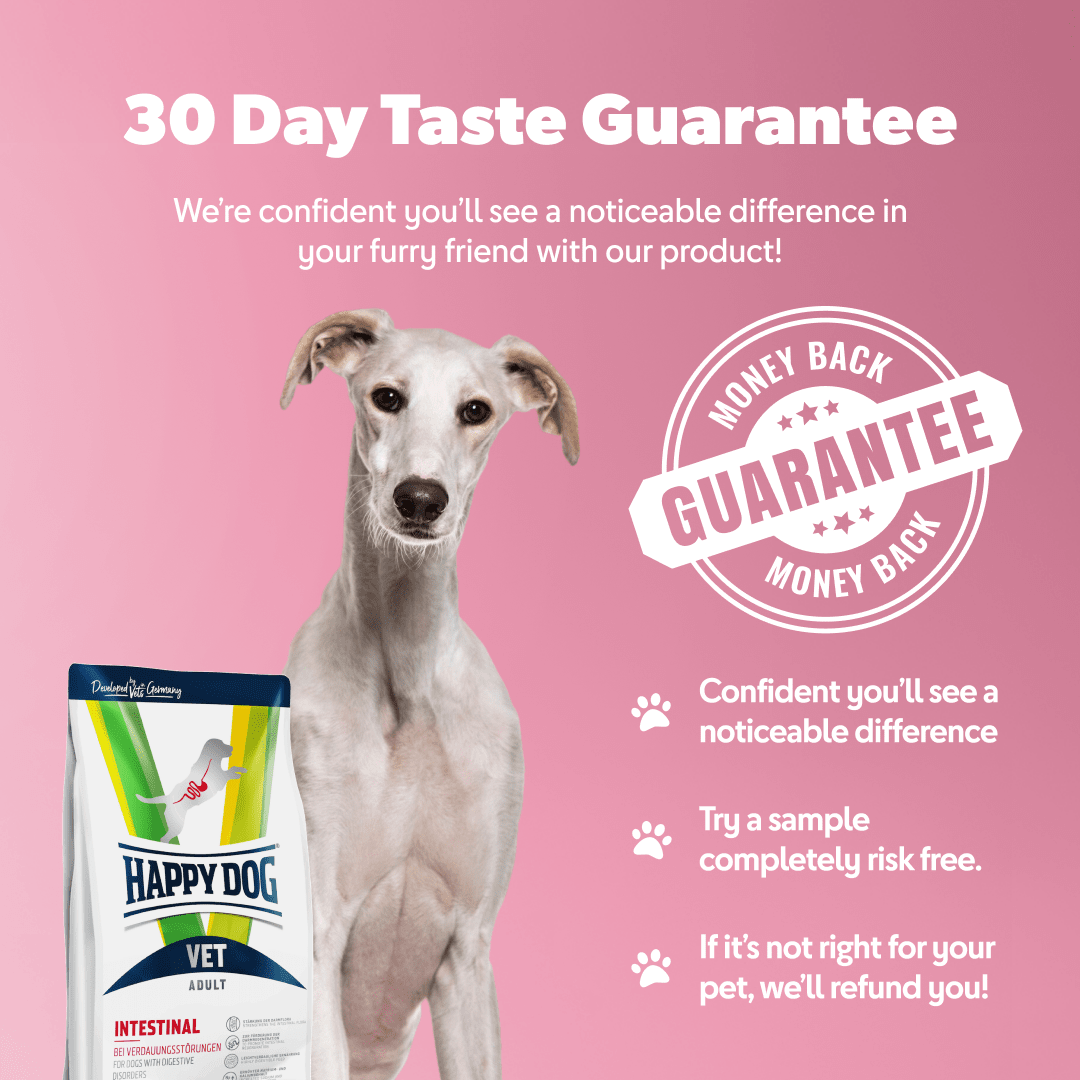 Happy Dog Vet Intestinal food packaging with a dog on a pink background and 30-day taste guarantee text.