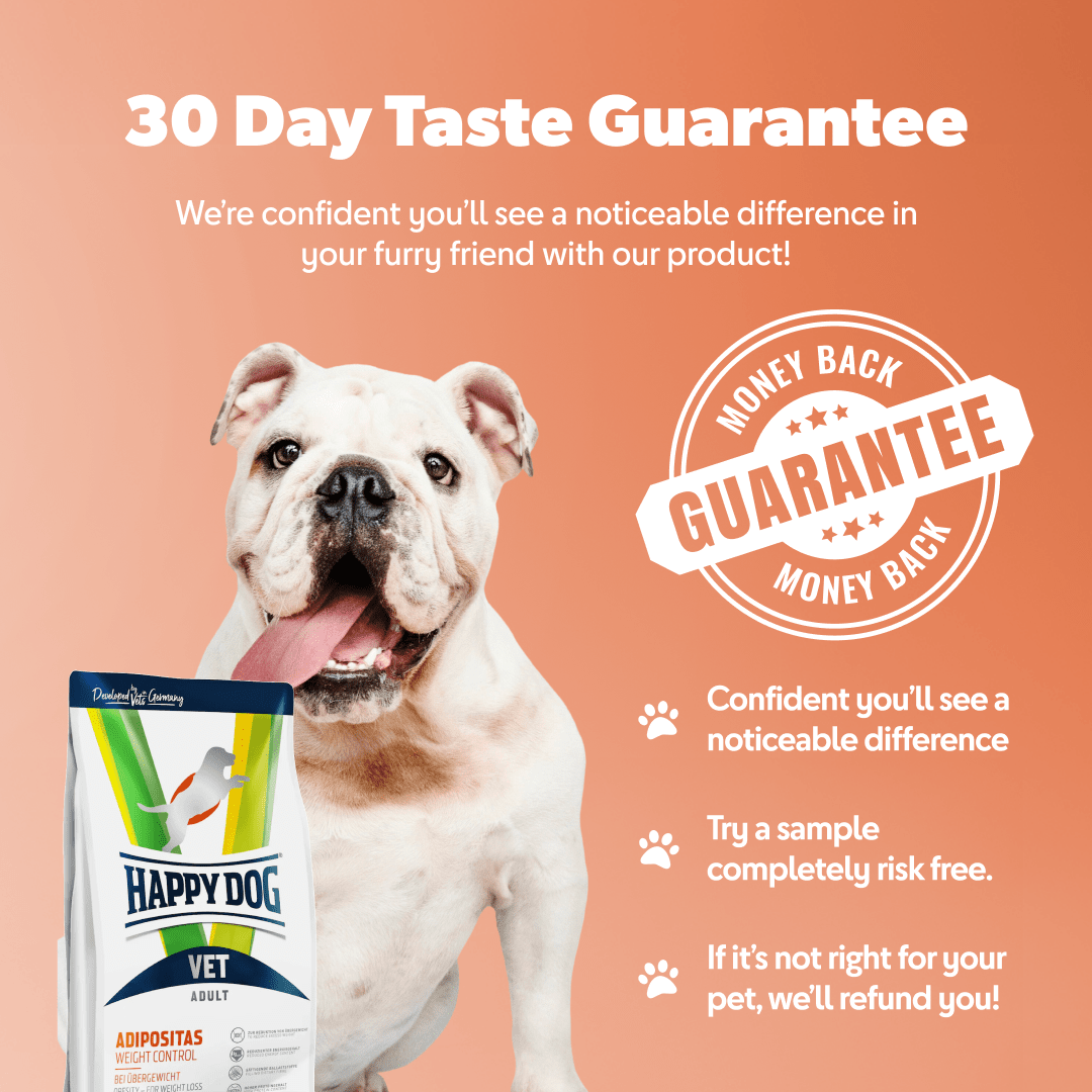 Dog with a 'Happy Dog' product packaging on an orange background with text about a 30-day taste guarantee.