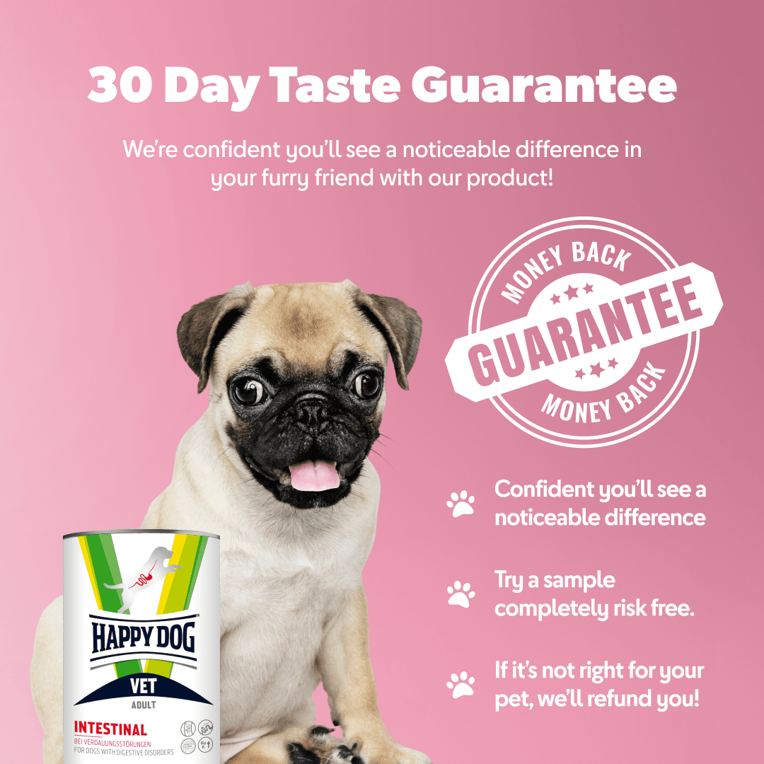 Pug sitting next to a can of Happy Dog Vet Intestinal on a pink background with text about a 30-day taste guarantee.