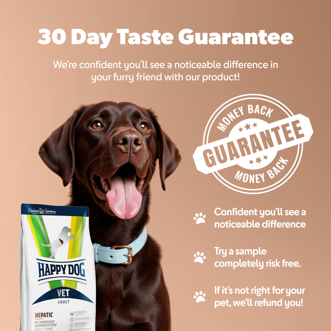 Dog with a Happy Dog Vet label pet food package on a beige background with text about a 30-day taste guarantee.