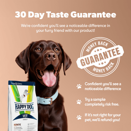 Dog with a Happy Dog Vet label pet food package on a beige background with text about a 30-day taste guarantee.