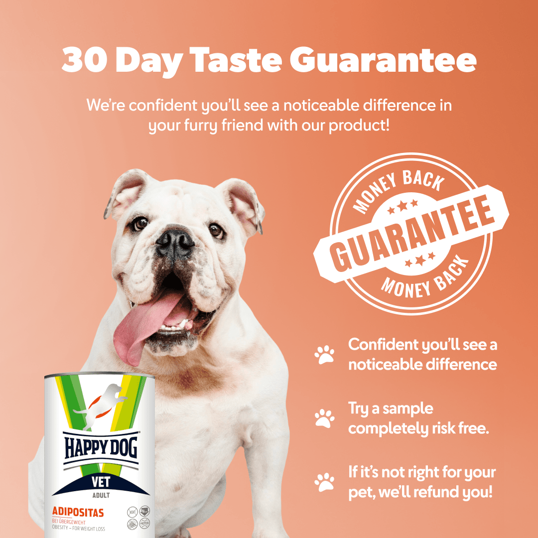 Dog with a can of Happy Dog Vet food on an orange background with text about a 30-day taste guarantee.