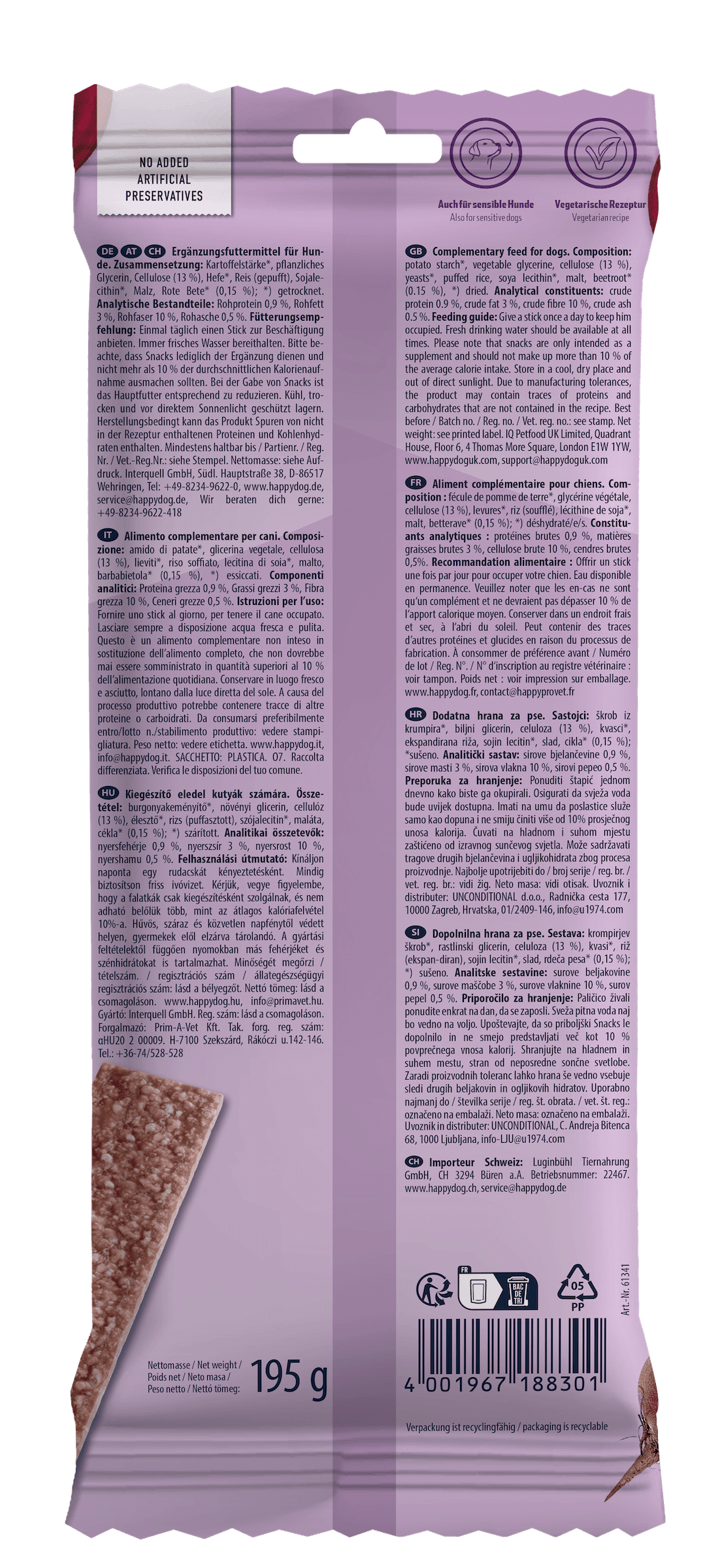 Back of Happy Dog Dental Chews packaging
