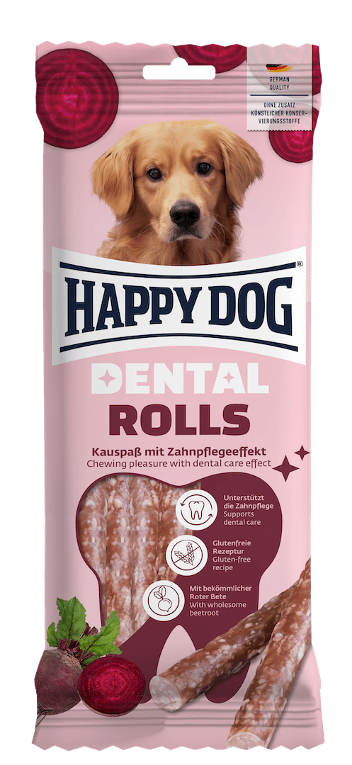 Happy Dog Dental Rolls dog treat package with a dog on the label