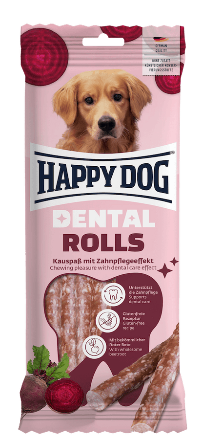 Happy Dog Dental Rolls dog treat package with a dog on the label
