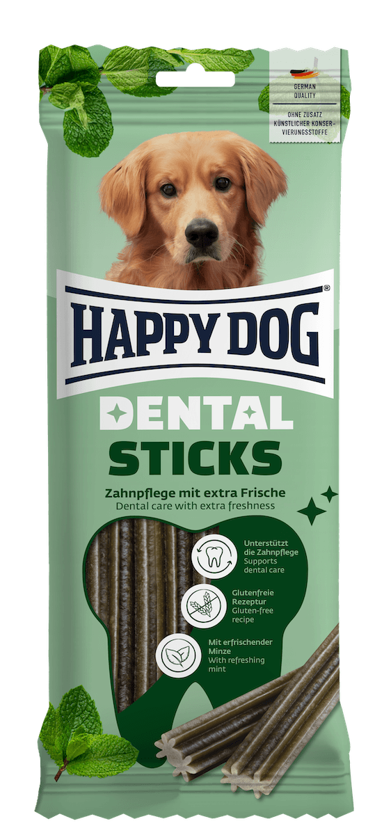Happy Dog Dental Sticks dog treat pack, front