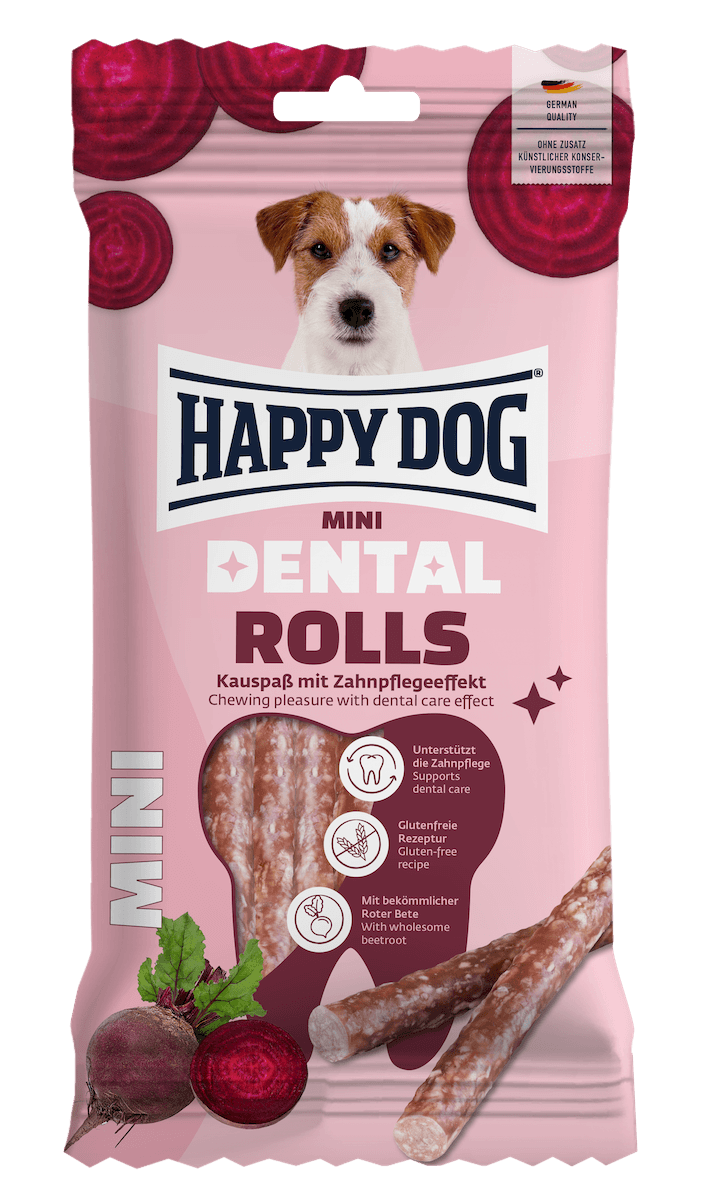 Happy Dog Dental Rolls Mini dog treat pack, front