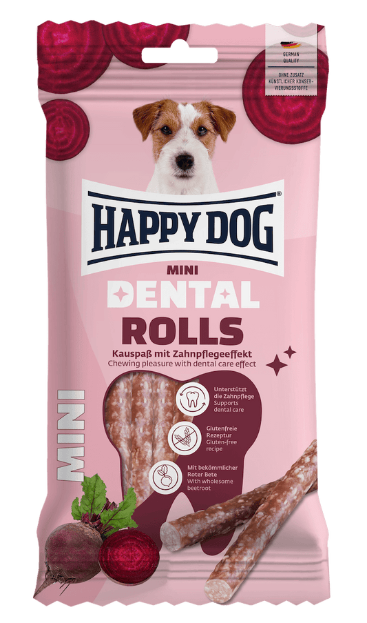 Happy Dog Dental Rolls Mini dog treat pack, front