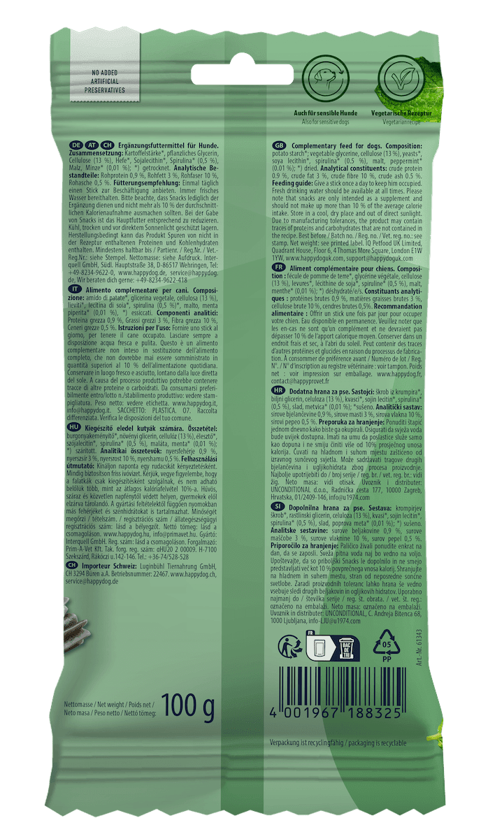 Back of Happy Dog Dental Sticks Mini packaging