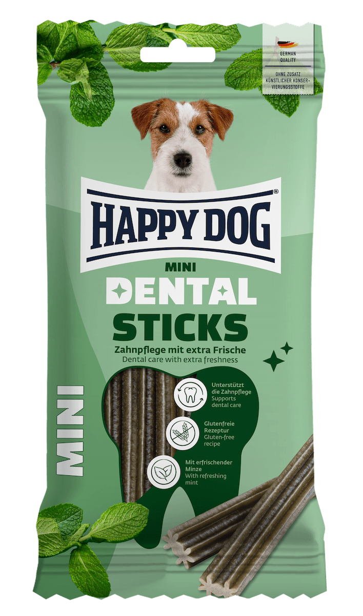 Happy Dog Dental Sticks Mini dog treat pack, front