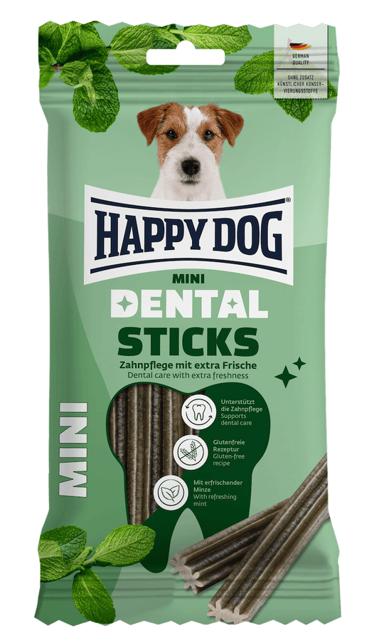 Happy Dog Dental Sticks Mini dog treat pack, front