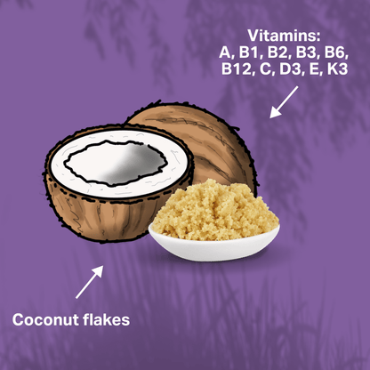 Coconut and coconut flakes with vitamins listed on a purple background for MediDog skin and coat 