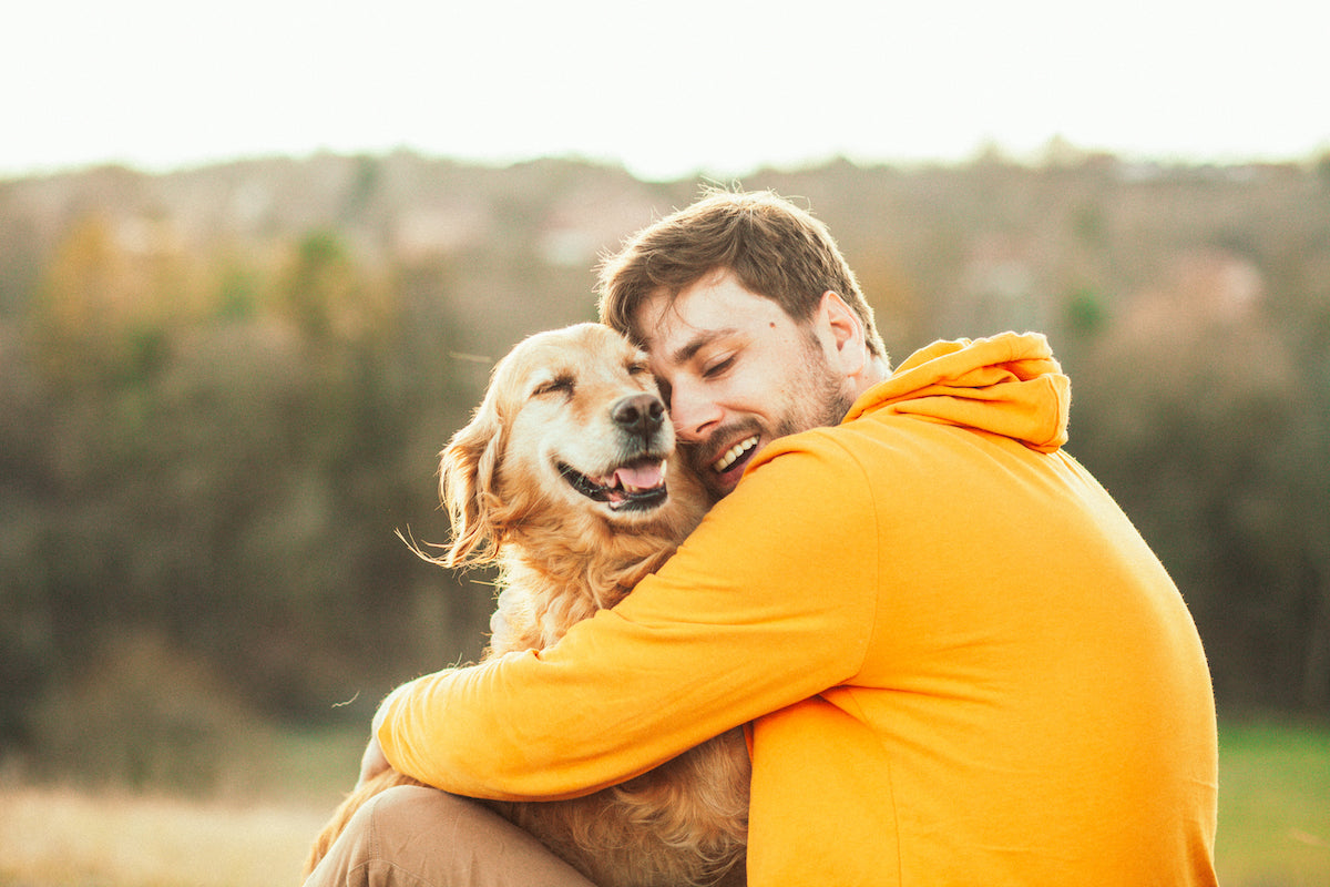 Embracing dog and owner